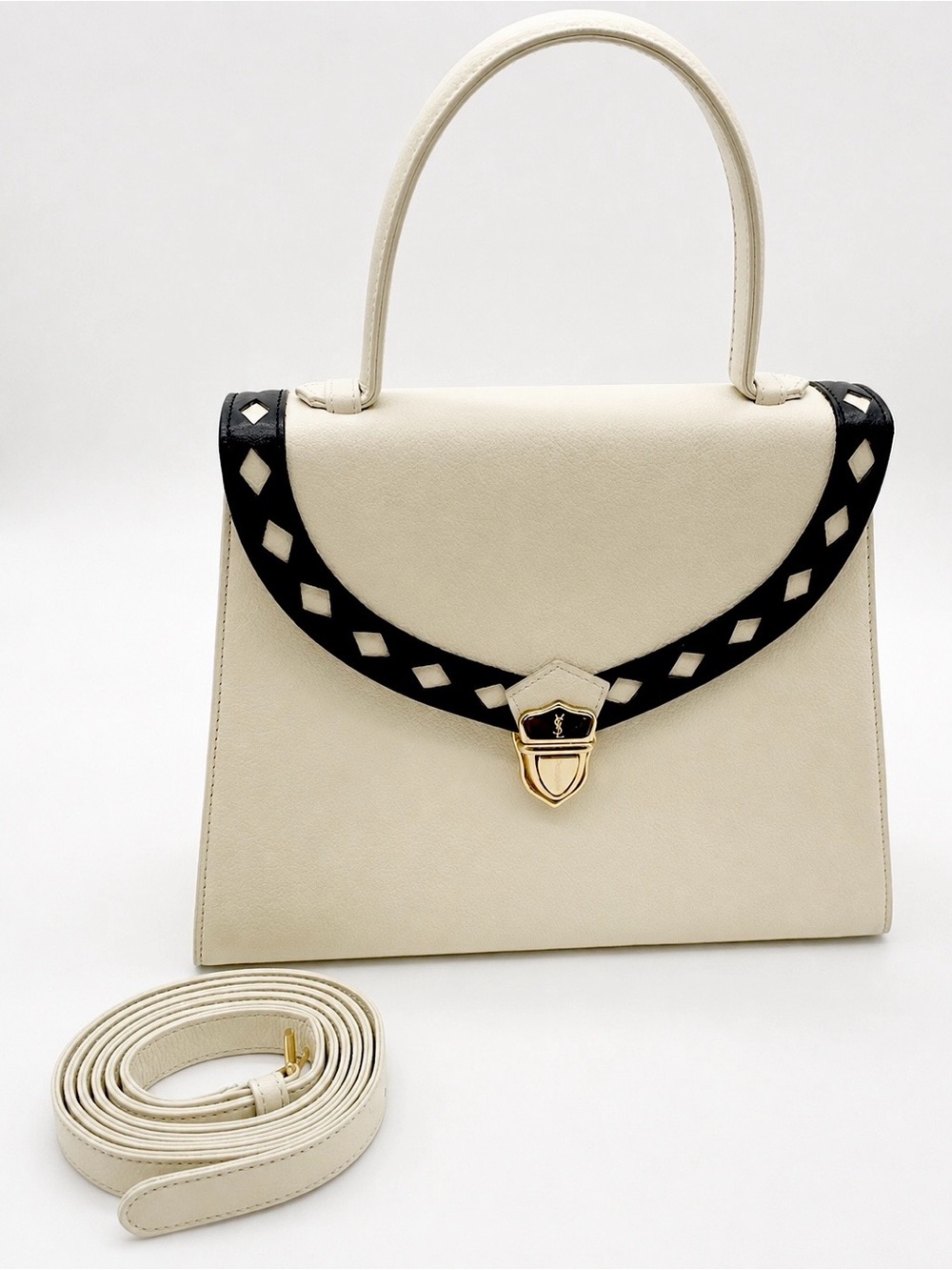 Yves Saint Laurent YSL Vintage Ivory Leather Top Handle Handbag Gold Hardware